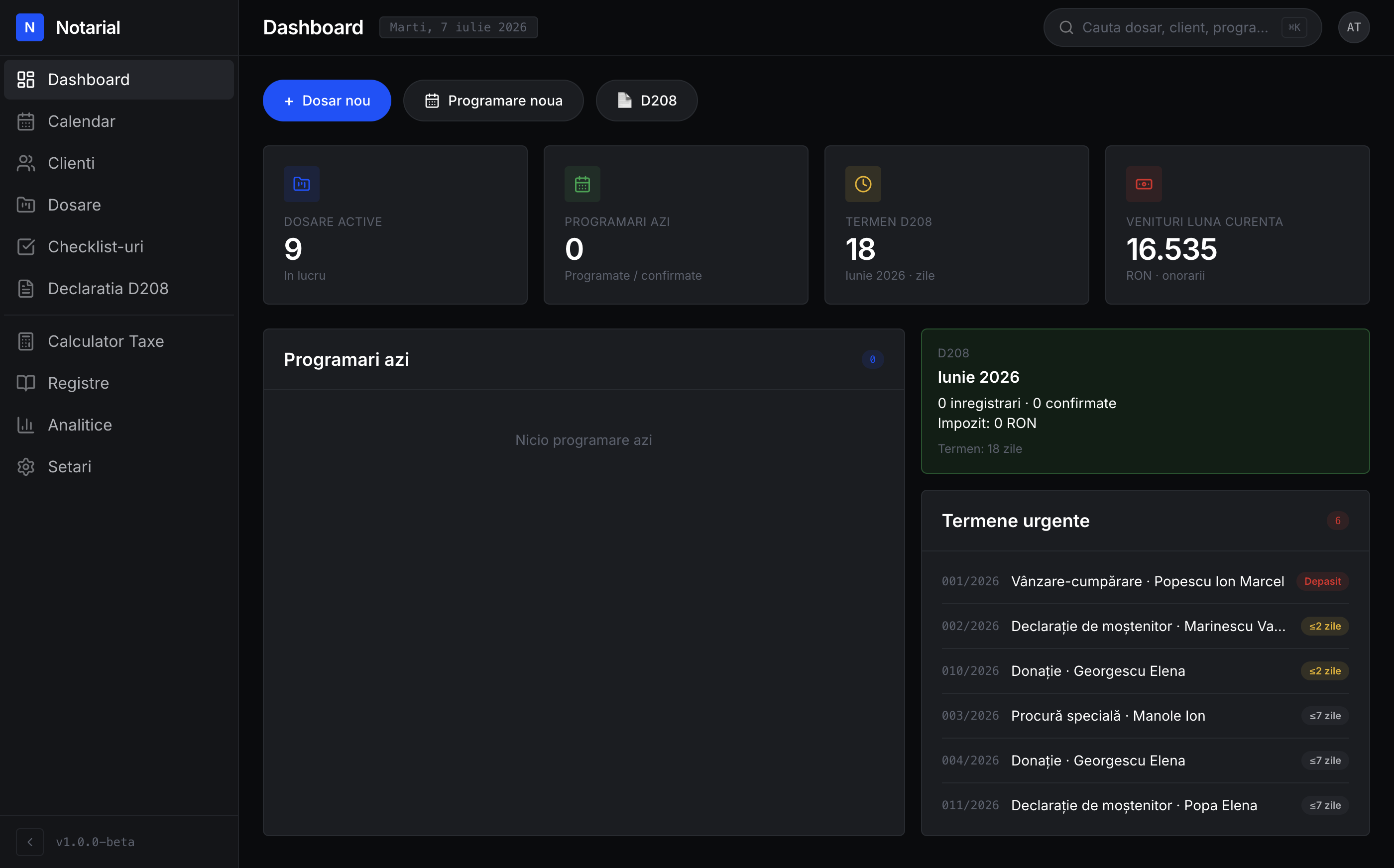 Main dashboard